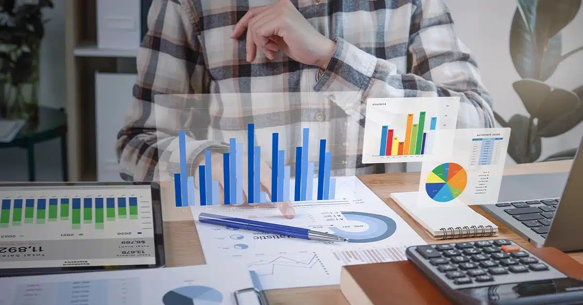 Business professionals analyzing financial data with a focus on flexibility and scalability