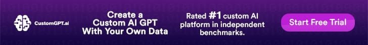 CustomGPT.ai promotional banner with a purple background. White AI brain logo on the left.