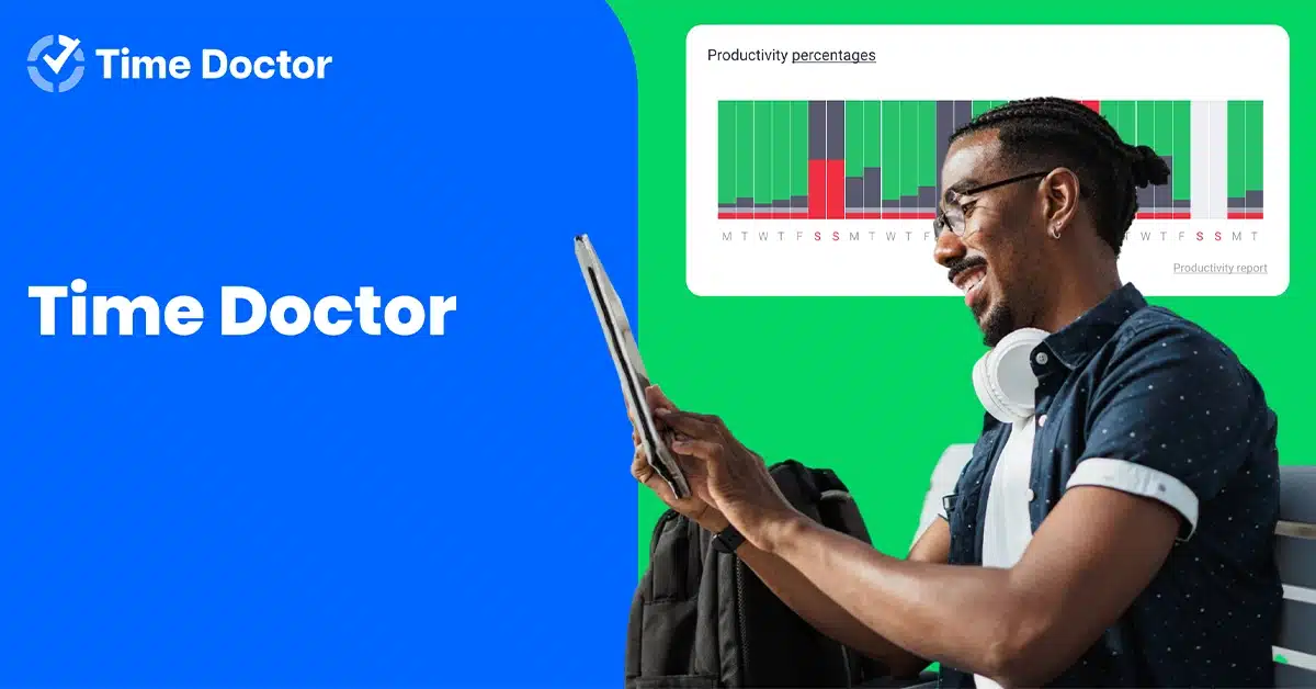 Man holding a tablet, smiling as he reviews positive productivity statistics displayed through the Time Doctor platform.